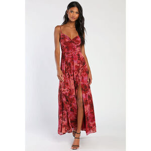 Lulus Beautiful Soul Burgundy Floral Print Twist-front Maxi Dress Red - Size M